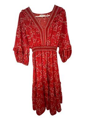 Max Studio Red Floral Flutter Short Sleeve Split Neck Maxi Dress